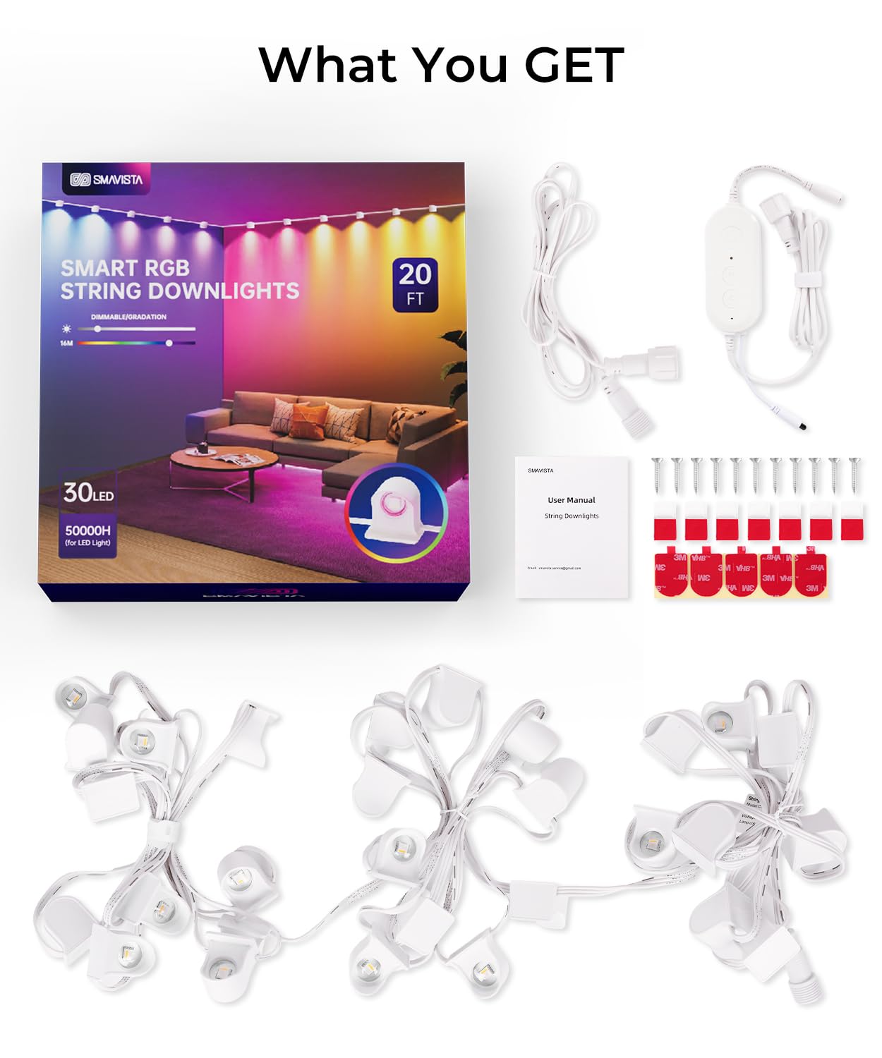 SMAVISTA Smart RGBW+IC String Downlights – 20ft Mood Lighting with 111 Scenes