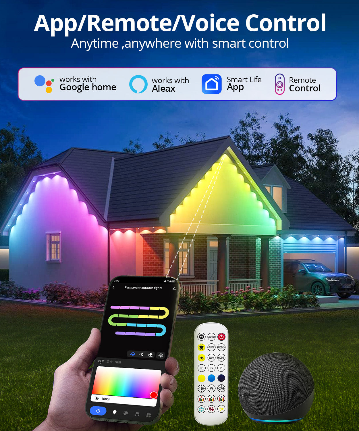 Smart Permanent Outdoor Lights, 100ft with 72 LED RGB String Lights, IP67 Waterproof Eaves Light with 44 Scene Modes for Easter Christmas Birthday Holiday Party Gift, APP/Voice/Remote Control