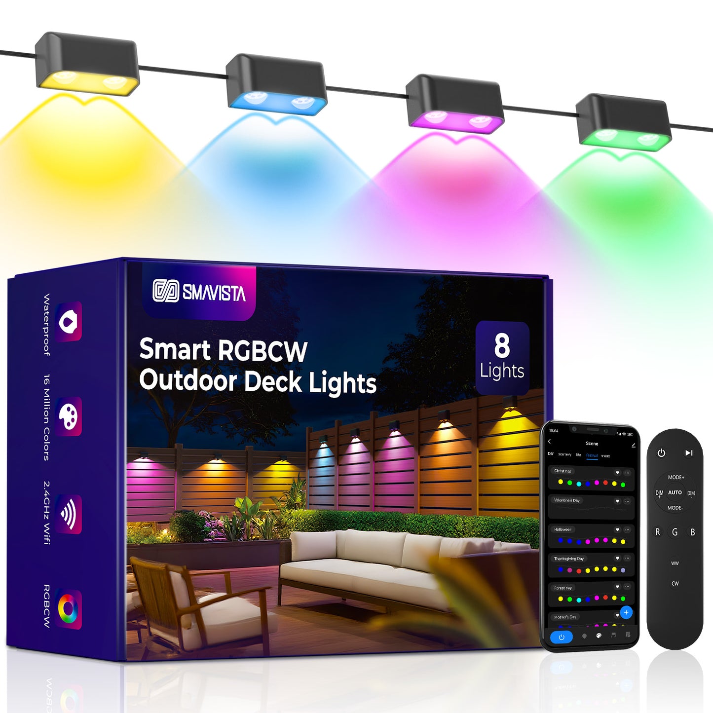 SMAVISTA Smart RGBCW Outdoor Deck Lights – Dual-Lens Waterproof LED Fence Lights with App & Voice Control