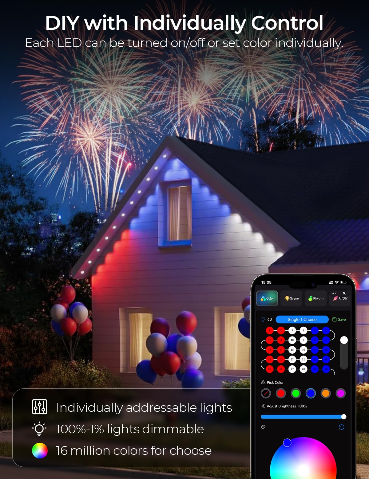 SMAVISTA Smart RGB Permanent Outdoor Lights, App & Voice Controlled Outdoor Eaves Lighting for Year-Round Decor