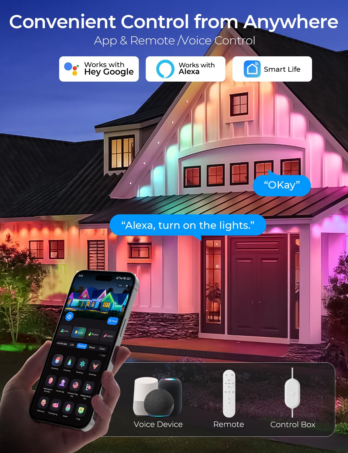 SMAVISTA Smart RGB Permanent Outdoor Lights, App & Voice Controlled Outdoor Eaves Lighting for Year-Round Decor
