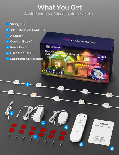 SMAVISTA Smart RGB Permanent Outdoor Lights, App & Voice Controlled Outdoor Eaves Lighting for Year-Round Decor
